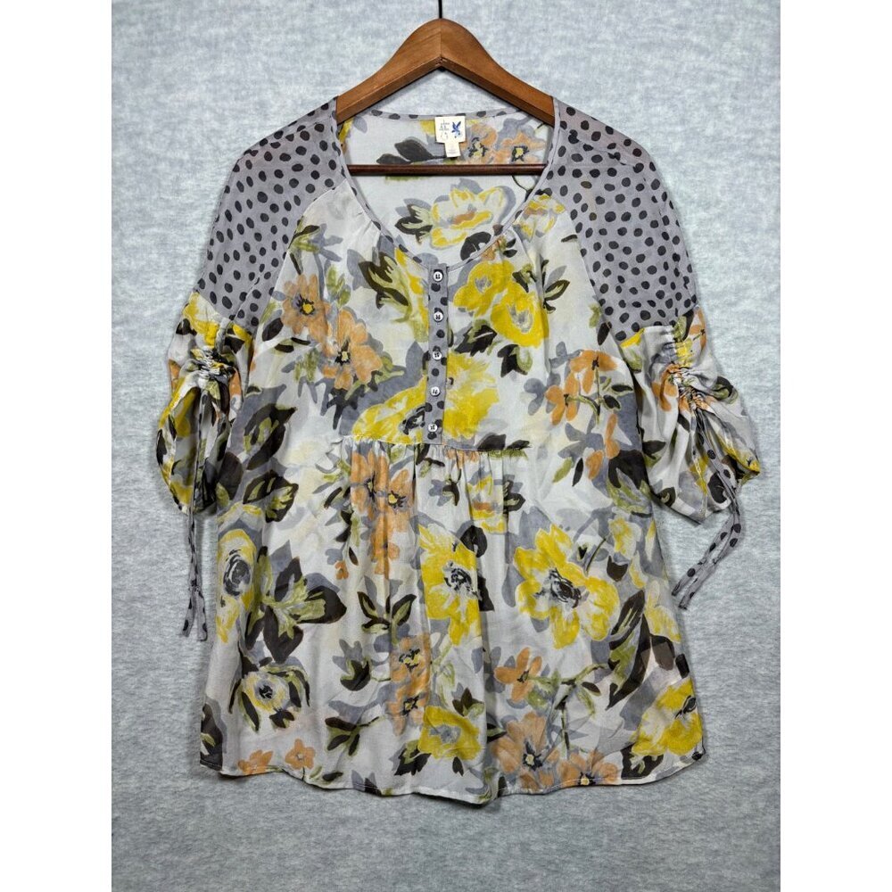 Anthropologie Edme & Esyllte Size 4 Gray & Yellow Floral Silk Blouse Top